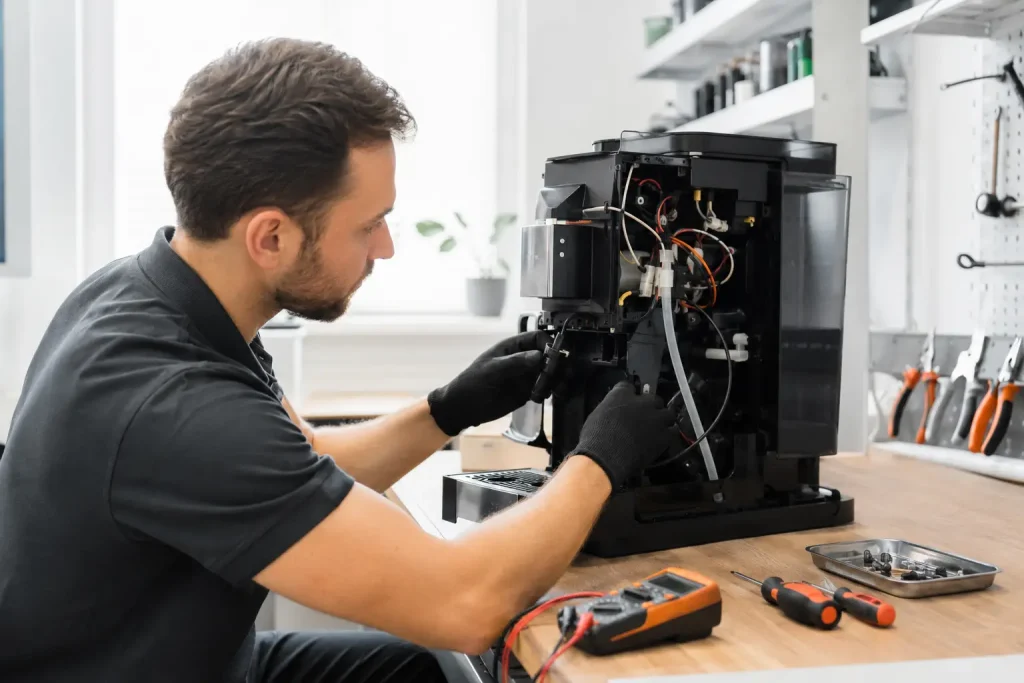  Technik diagnozujący otwarty automatyczny ekspres na stanowisku serwisowym w Białymstoku.