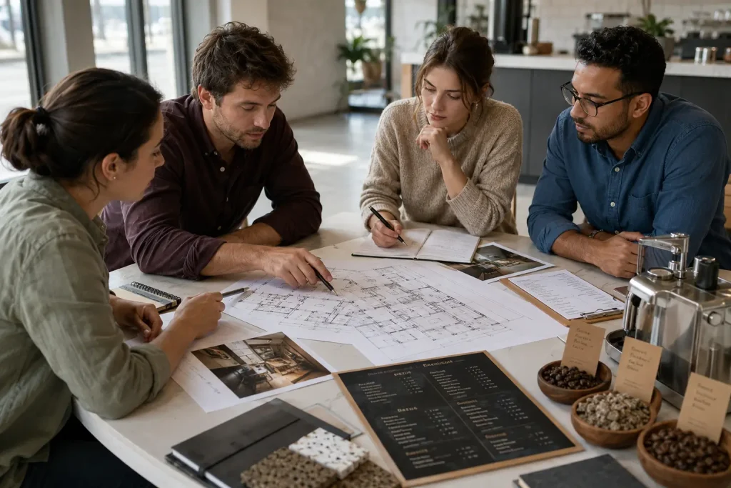 Zespół kawiarni analizujący plan lokalu, menu i listę wyposażenia przed otwarciem.