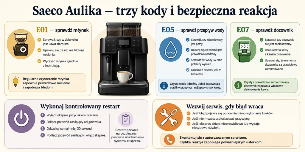 Saeco Aulika — kody błędów E01, E05 i E07. Co oznaczają i jak je usunąć?