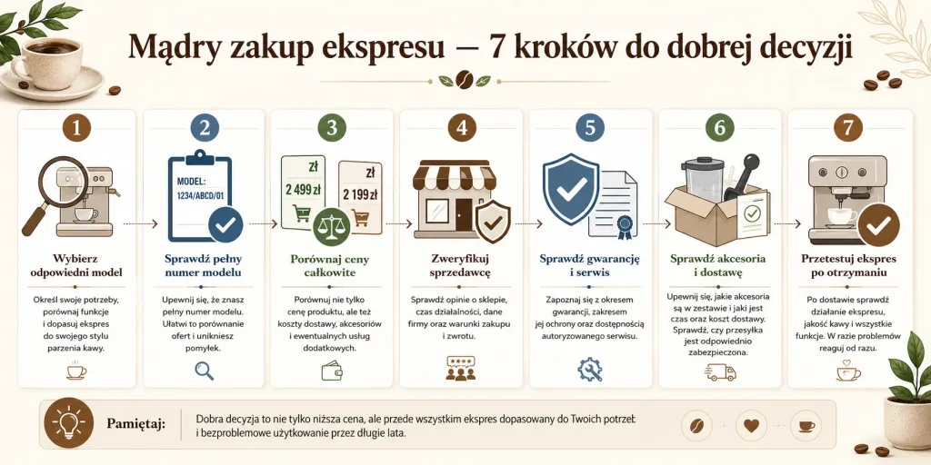 chemat pokazujący wybór modelu, porównanie pełnego oznaczenia, kontrolę sprzedawcy, sprawdzenie gwarancji, ocenę wyposażenia, bezpieczną dostawę i test urządzenia po odbiorze