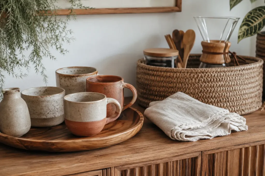 Drewniana strefa kawowa z ceramicznymi kubkami, wiklinowymi koszami i lnianymi dodatkami.