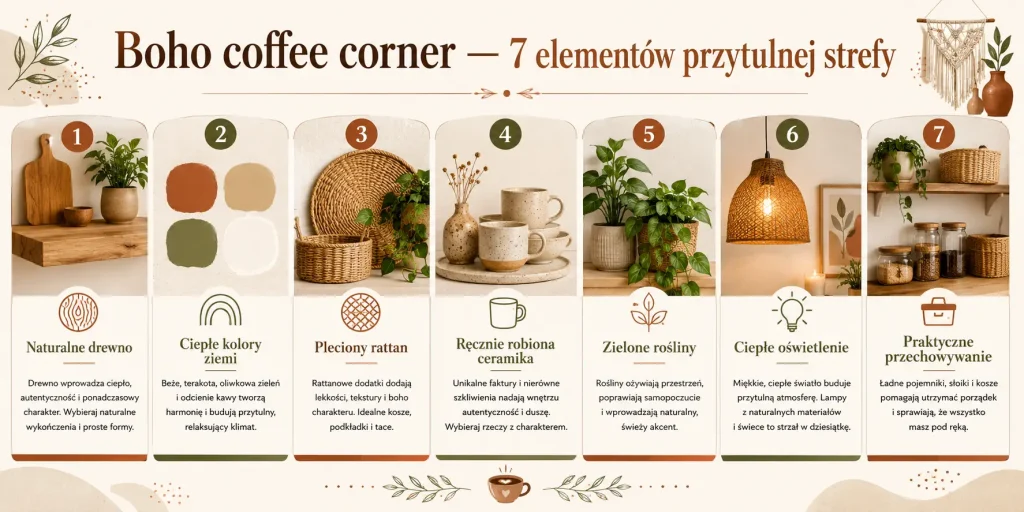 Schemat pokazujący naturalne drewno, ziemiste kolory, plecionki, ceramikę, rośliny, ciepłe oświetlenie oraz praktyczne przechowywanie.