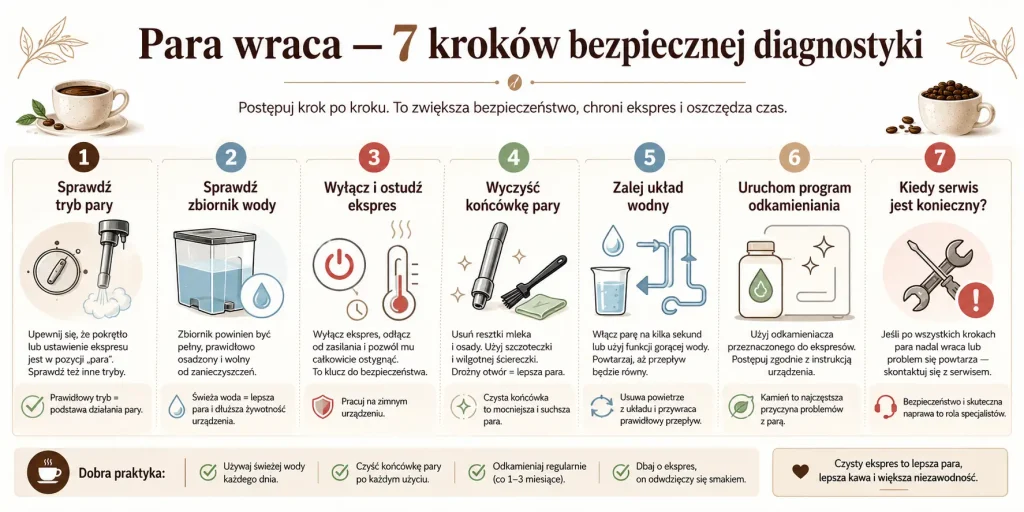 Schemat pokazujący sprawdzenie trybu pary, kontrolę zbiornika, ostudzenie urządzenia, czyszczenie końcówki, odpowietrzenie obwodu, odkamienianie oraz decyzję o przekazaniu ekspresu do serwisu.