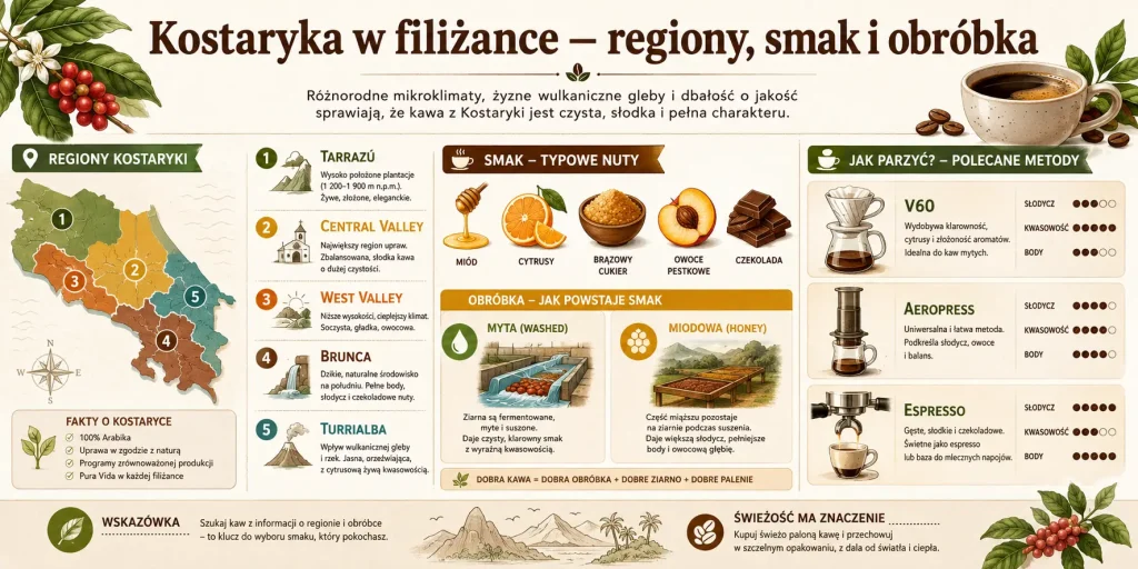 Schemat pokazujący regiony Tarrazú, Central Valley, West Valley, Brunca i Turrialba, typowe nuty smakowe, obróbkę mytą i honey oraz rekomendowane metody parzenia.