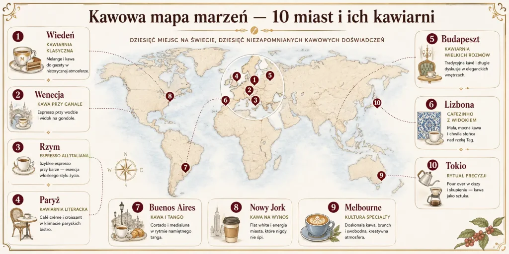 Mapa pokazująca Wiedeń, Wenecję, Rzym, Paryż, Budapeszt, Lizbonę, Buenos Aires, Nowy Jork, Melbourne i Tokio wraz z charakterystycznym stylem kawiarni oraz lokalnym rytuałem picia kawy.