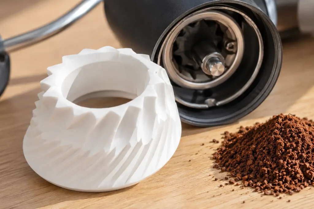 Ceramiczne żarna, ręczny młynek i porcja średnio zmielonej kawy.
