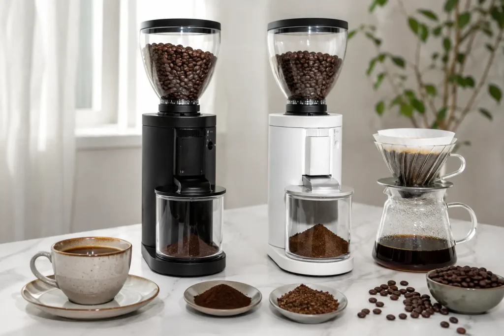 Dwa młynki żarnowe obok espresso i kawy przelewowej.
