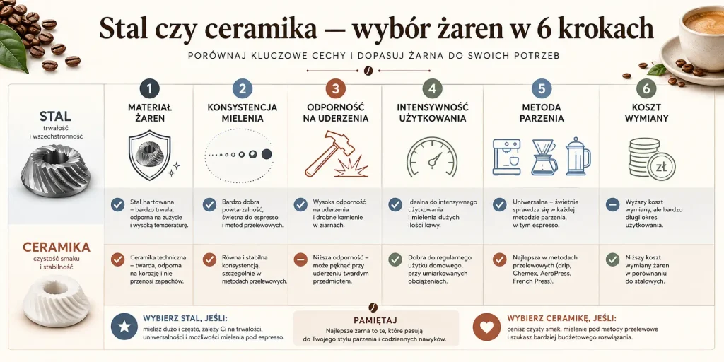Porównanie materiału, precyzji przemiału, odporności na uderzenia, intensywności użytkowania, metody parzenia oraz kosztu późniejszej wymiany.
