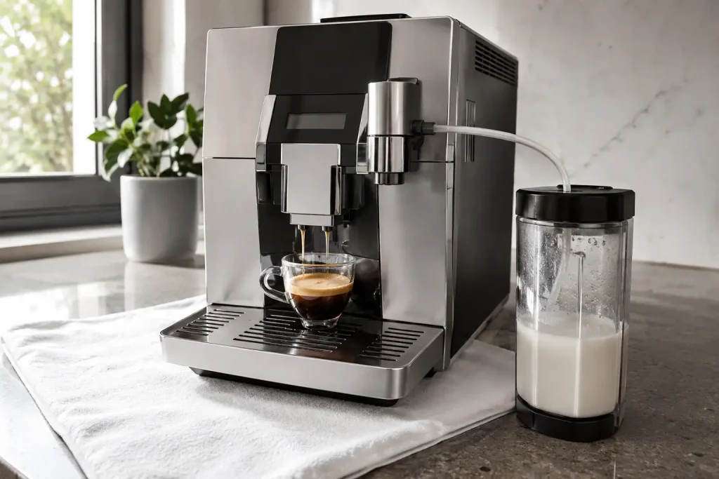 Test używanego ekspresu z przygotowanym espresso, sprawdzanym systemem mlecznym i kontrolą wycieków.
