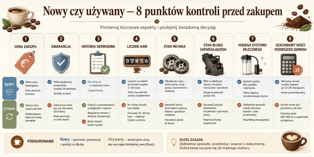 Porównanie ceny, gwarancji, historii serwisowej, licznika kaw, stanu młynka, zaparzacza, układu mlecznego oraz przewidywanego kosztu pierwszego serwisu.