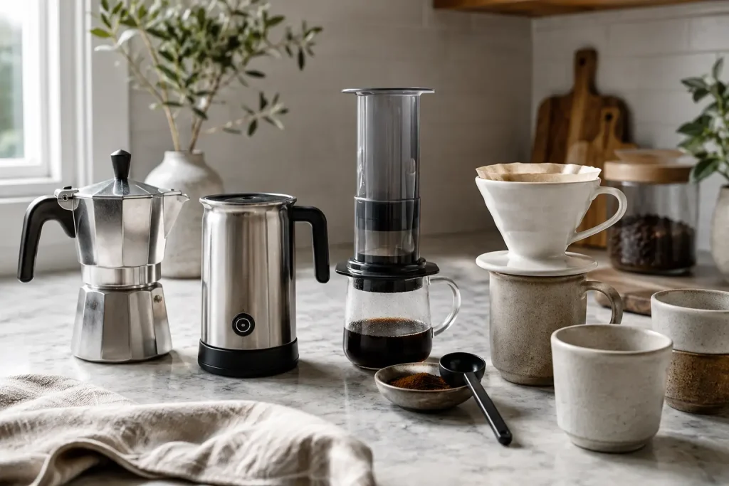 Kawiarka, automatyczny spieniacz, AeroPress i dripper jako rozszerzenie domowego zestawu.