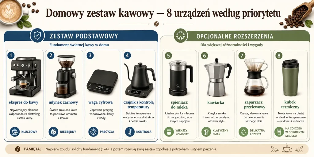 Schemat pokazujący ekspres, młynek, wagę, czajnik, spieniacz, kawiarkę, zaparzacz przelewowy oraz termos wraz z informacją, które elementy są podstawą, a które rozszerzeniem zestawu.