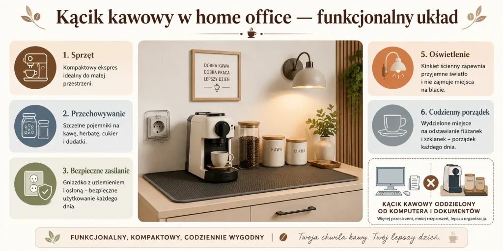 „Kącik kawowy w home office — funkcjonalny układ”: Podział strefy na ekspres, przechowywanie, bezpieczne zasilanie, ochronę blatu, oświetlenie i miejsce na odkładanie filiżanki.