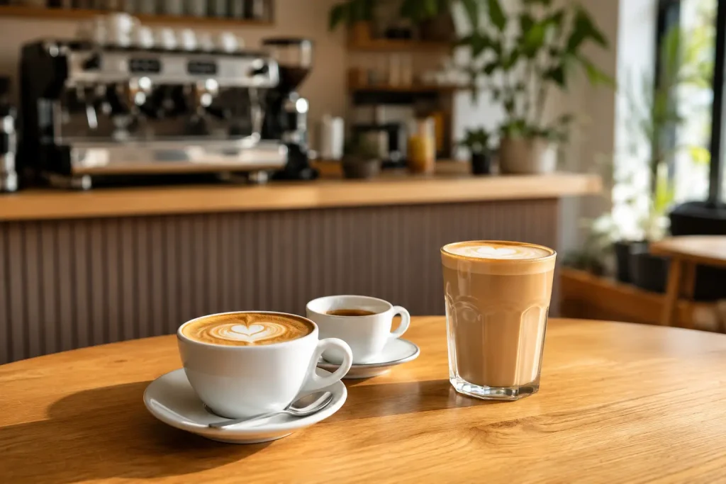 Kawiarniany stolik z espresso, cappuccino i latte reprezentującymi rozwój kultury drugiej fali.