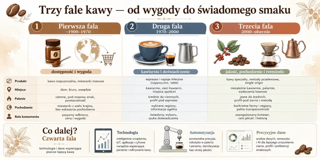 „Trzy fale kawy — od wygody do świadomego smaku”: Porównanie pierwszej, drugiej i trzeciej fali pod względem najważniejszych wartości, produktów, miejsc konsumpcji, sposobu palenia oraz podejścia do pochodzenia ziaren.