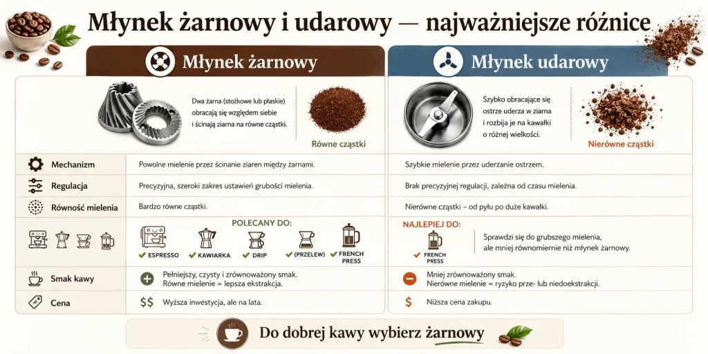 „Młynek żarnowy i udarowy — najważniejsze różnice”: Porównanie mechanizmu działania, regulacji, równości przemiału, zastosowania, jakości naparu oraz opłacalności obu rodzajów młynków.
