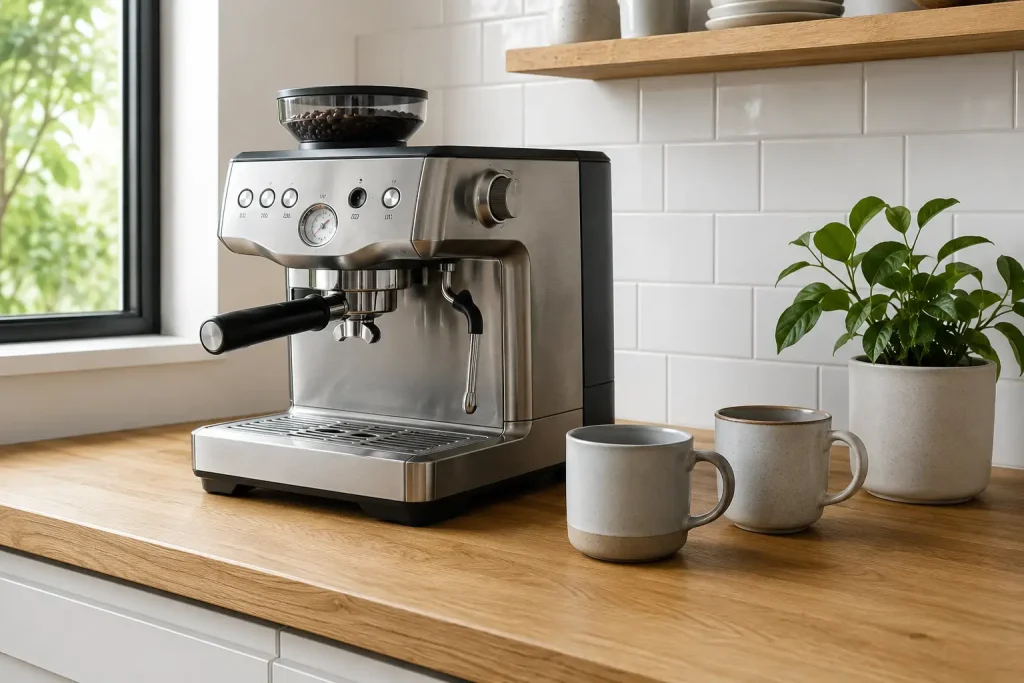 szeroki blat coffee baru z ekspresem, młynkiem i czajnikiem