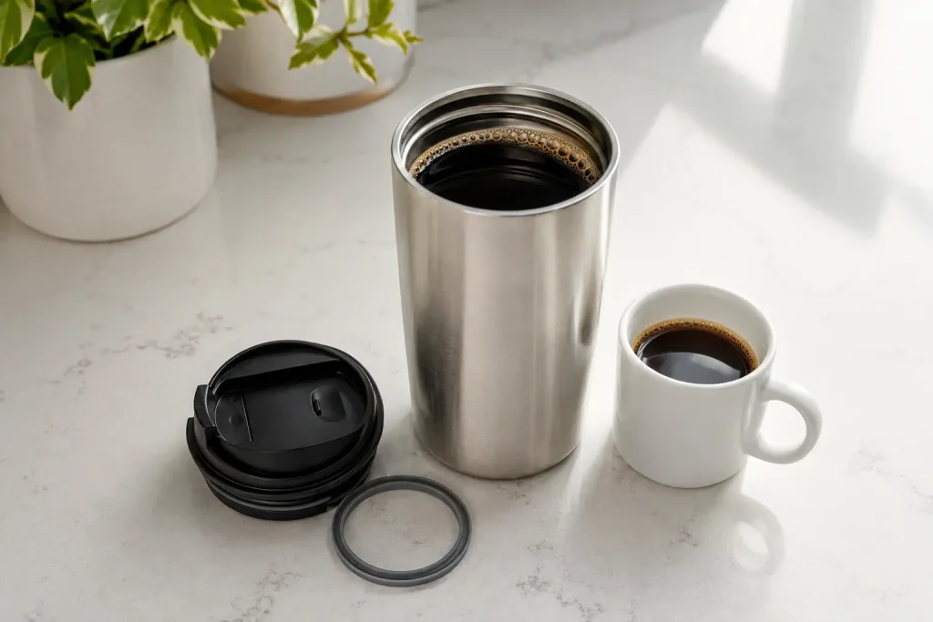 otwarty kubek termiczny obok świeżo przygotowanego espresso