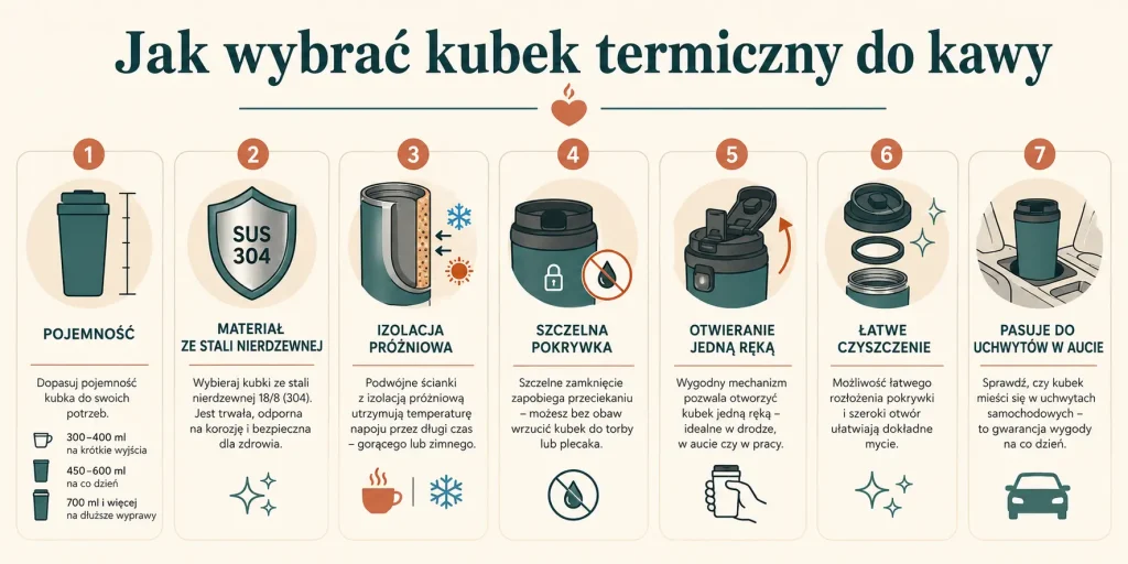 pojemność, materiał, izolacja, szczelność, pokrywka, czyszczenie i dopasowanie do uchwytu