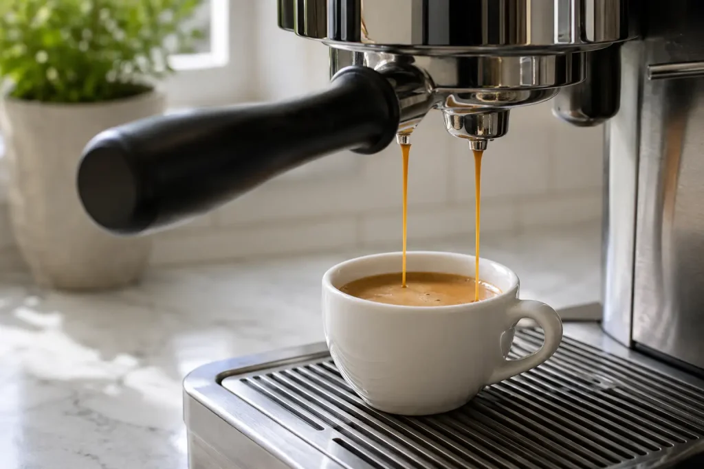 espresso wypływające równym strumieniem do białej filiżanki