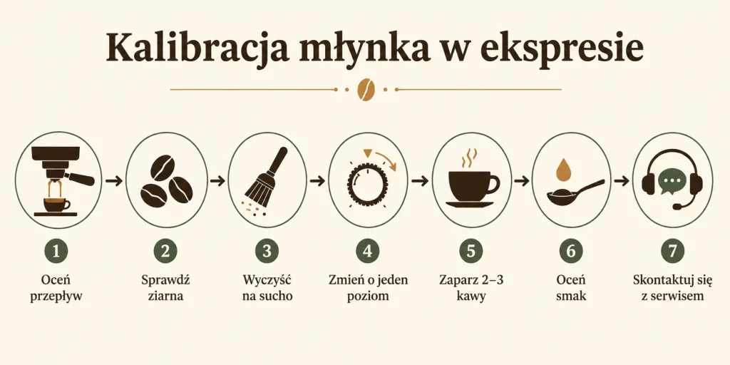  ocena przepływu, kontrola ziaren, czyszczenie na sucho, zmiana o jeden poziom, przygotowanie kilku kaw, ocena smaku i decyzja o serwisie