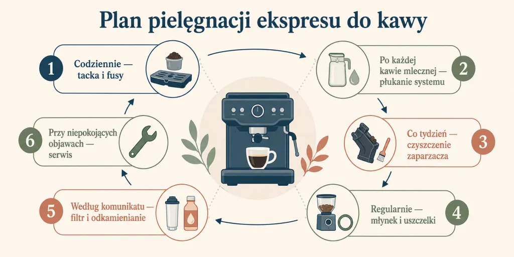 codzienne płukanie, cotygodniowe czyszczenie zaparzacza, pielęgnacja systemu mlecznego, wymiana filtra, odkamienianie i kontrola serwisowa