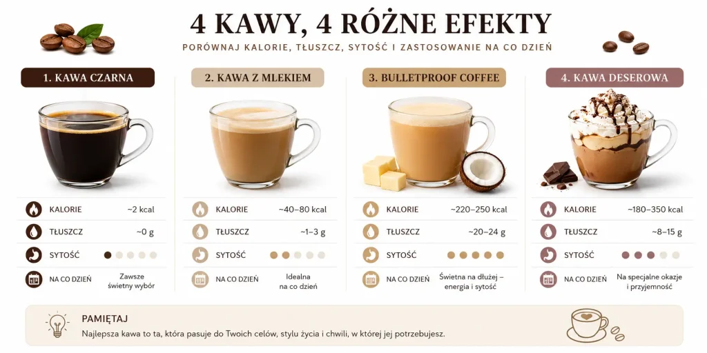 czarna kawa, kawa z mlekiem, kawa kuloodporna, kawa deserowa, różnice w kaloriach, tłuszczu i sytości