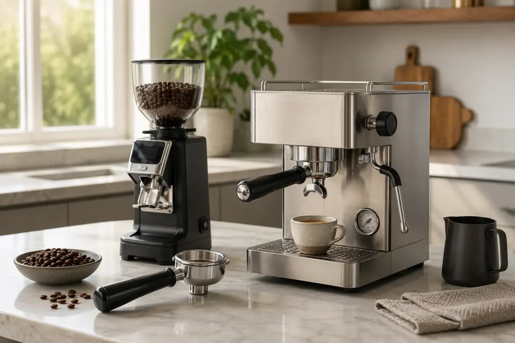ekspres automatyczny z pojemnikiem na ziarna, obok filiżanka espresso i świeże ziarna kawy