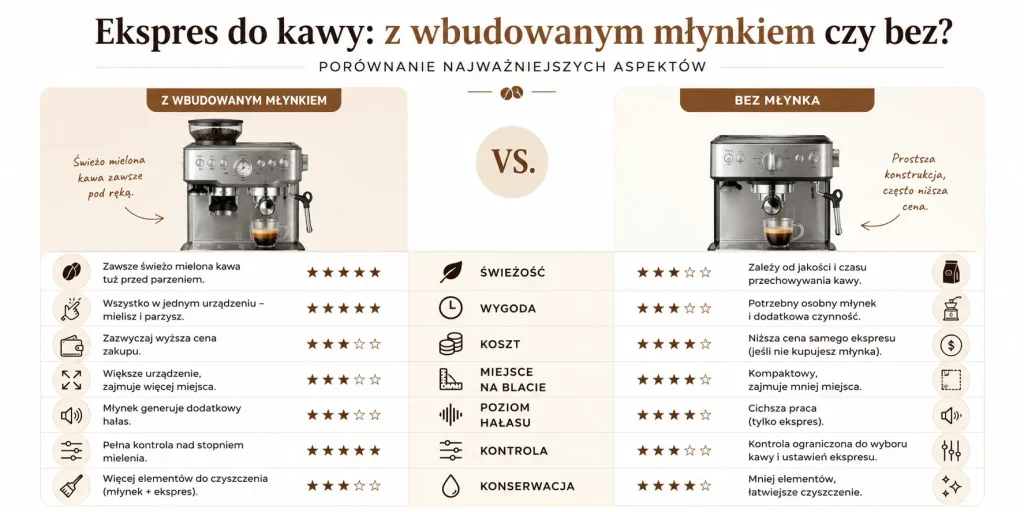 wygoda, świeżość, koszt, miejsce na blacie, kontrola smaku, serwis i codzienne czyszczenie