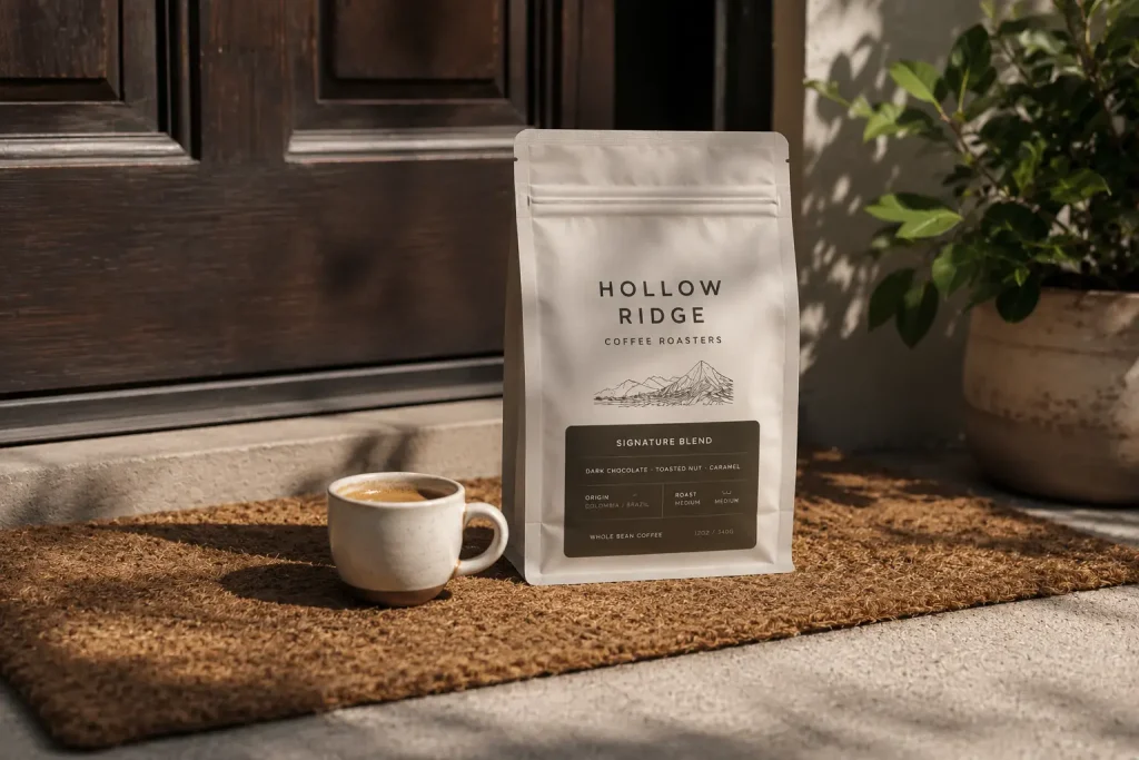 paczka ze świeżo paloną kawą dostarczona pod drzwi, obok filiżanki gotowego espresso