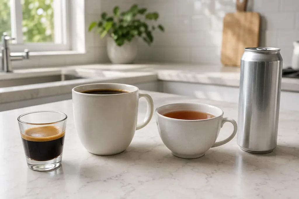 Filiżanka espresso, kubek kawy przelewowej i puszka napoju energetycznego pokazujące różne źródła kofeiny
