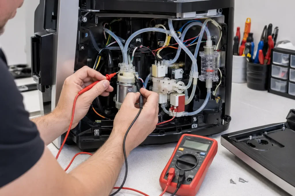 Technik sprawdzający pompę i przewody wewnątrz ekspresu