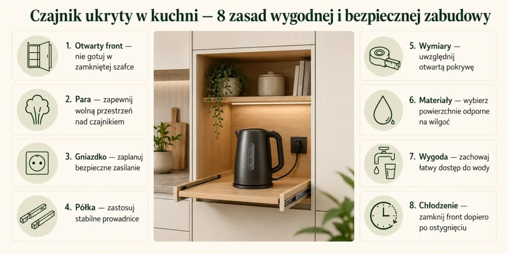 Czajnik ukryty w kuchni — 8 zasad wygodnej i bezpiecznej zabudowy