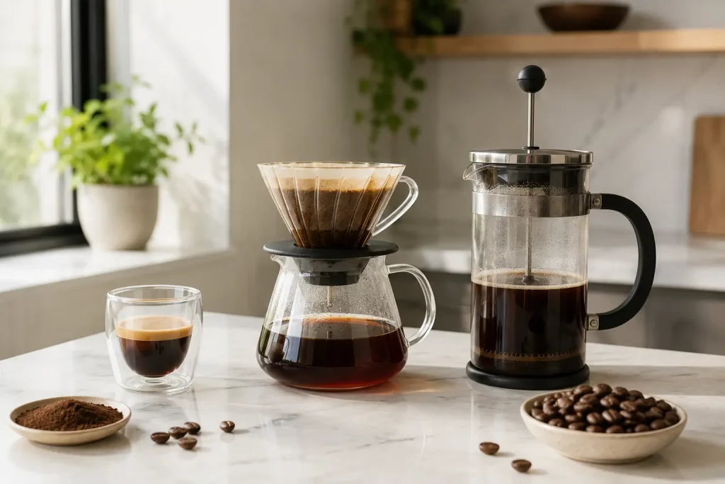 Kawa przelewowa, espresso i french press ustawione obok ziaren