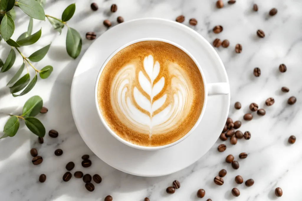 filiżanka czarnej kawy espresso obok szklanki kawy z mlekiem, widok z góry na drewnianym blacie