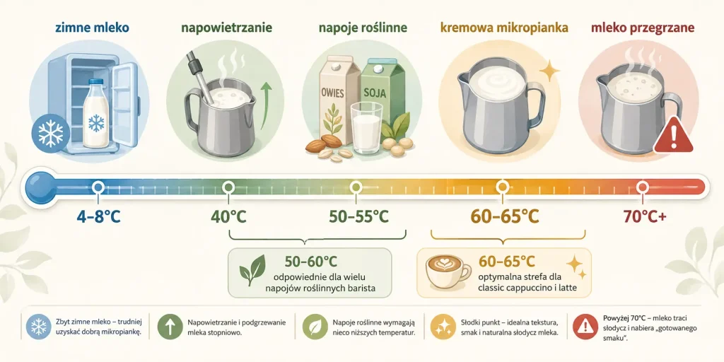 zakresy podgrzewania mleka od temperatury lodówkowej do przegrzania, z oznaczeniem najlepszego przedziału 60–65°C oraz niższego zakresu dla części napojów roślinnych