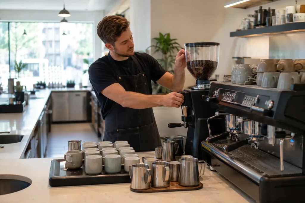 Barista przygotowujący ekspres i stanowisko przed otwarciem kawiarni