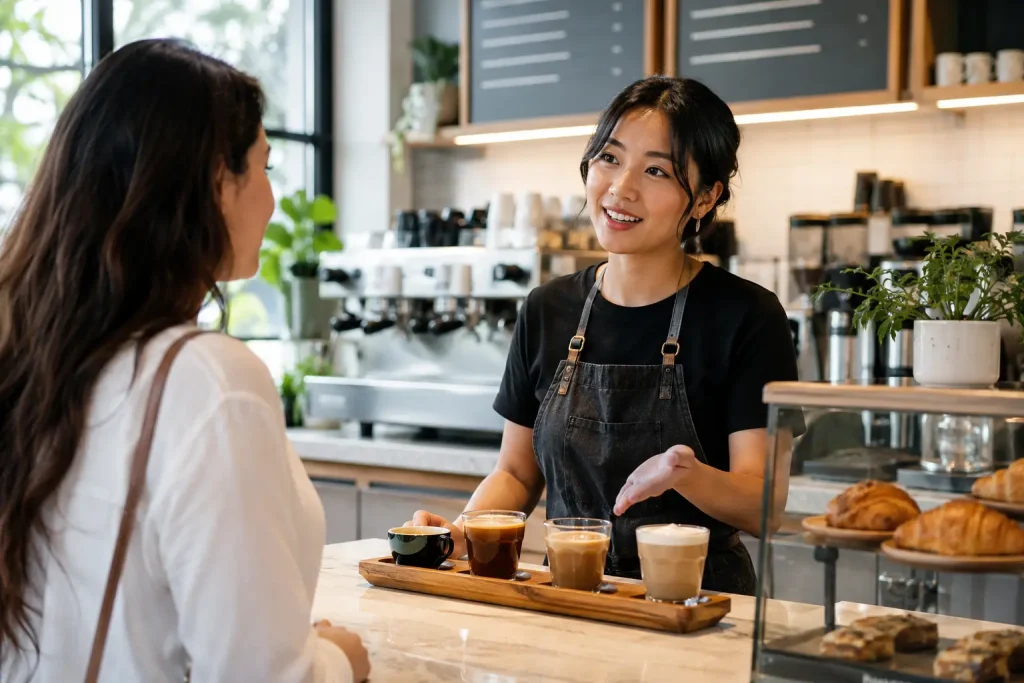 Barista przyjmujący zamówienie i doradzający gościowi przy barze