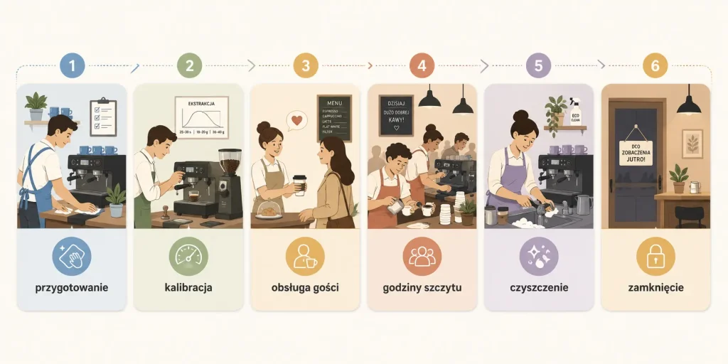 sześć etapów zmiany — przygotowanie stanowiska, kalibracja espresso, obsługa gości, godziny szczytu, bieżące czyszczenie i zamknięcie kawiarni