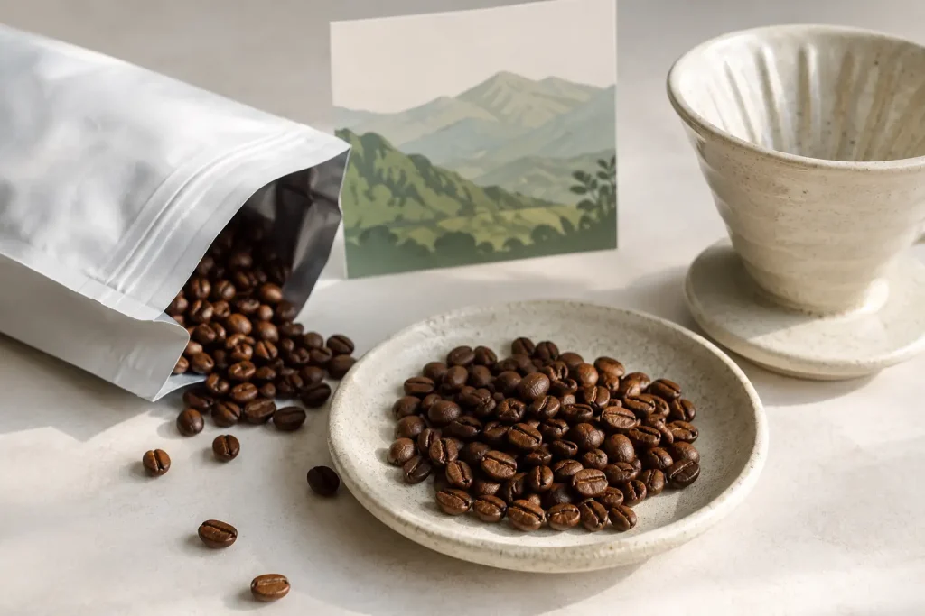 Ziarna single origin obok opakowania z informacją o regionie pochodzenia