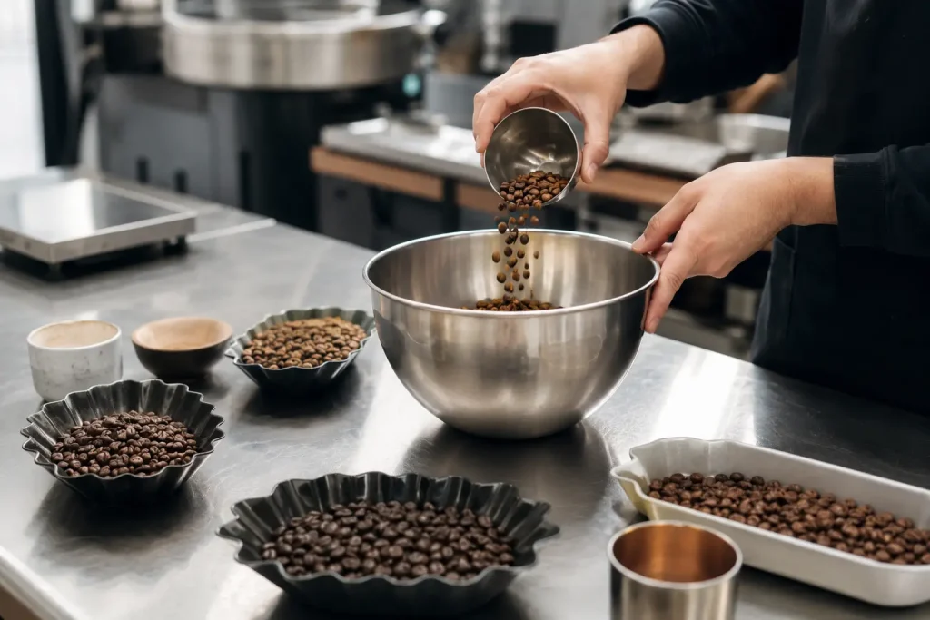 Dwa opakowania kawy oraz ziarna single origin i blend przygotowane do porównania