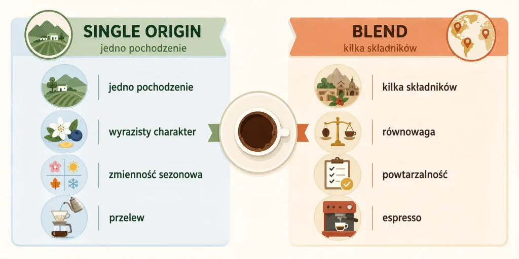 porównanie kawy z jednego pochodzenia i blendu pod względem charakteru, powtarzalności, zastosowania oraz preferowanych metod parzenia