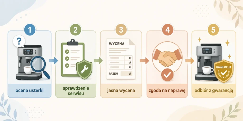 pięć etapów wyboru serwisu — wstępna ocena problemu, sprawdzenie specjalizacji, pisemna wycena, zatwierdzenie naprawy i odbiór z gwarancją
