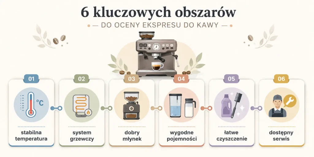 sześć kluczowych obszarów oceny ekspresu — temperatura, system grzewczy, młynek, pojemności, łatwe czyszczenie i dostępność serwisu
