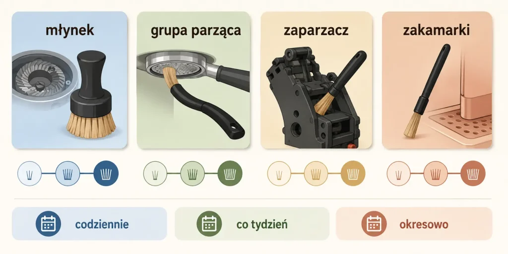 „Czysty ekspres krok po kroku” — rodzaje szczotek, ich zastosowanie, twardość włosia oraz zalecana częstotliwość użycia.