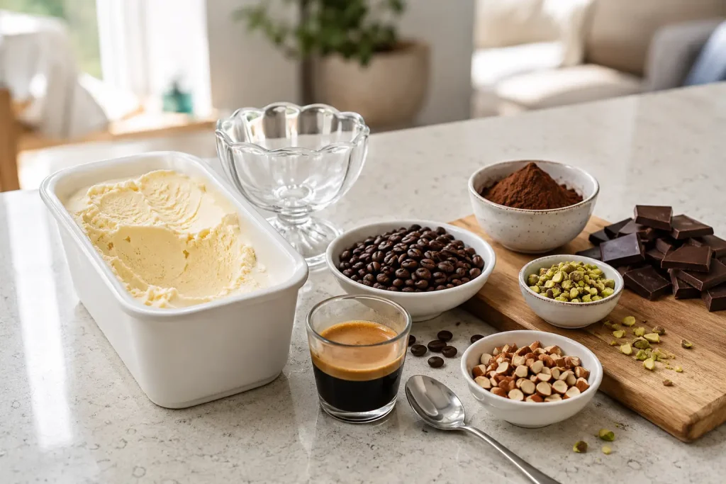 Lody waniliowe, espresso, ziarna kawy, kakao oraz dodatki przygotowane do zrobienia affogato