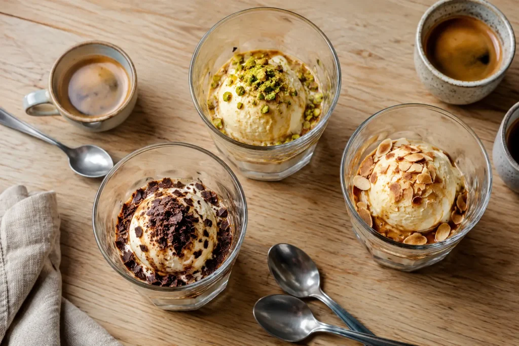 Trzy warianty affogato z pistacjami, gorzką czekoladą i migdałami