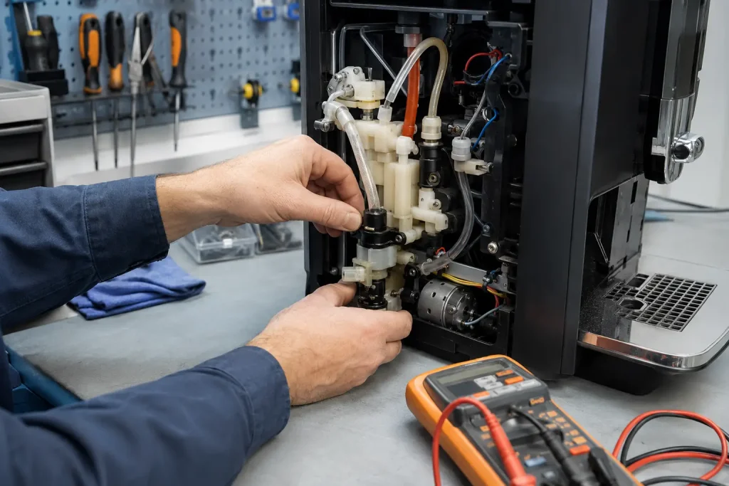 Technik wykonujący diagnostykę pompy, zaparzacza oraz elektroniki ekspresu
