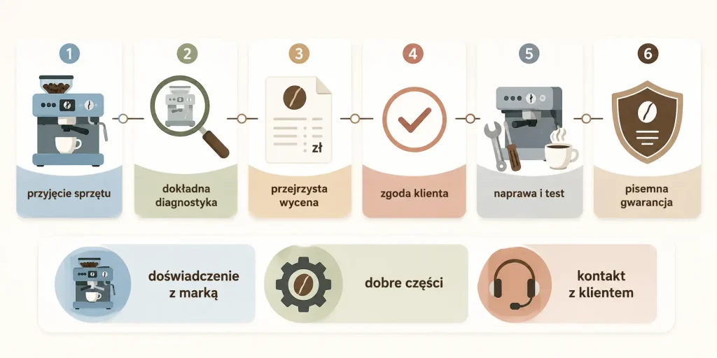 diagnostyka, wycena, zgoda klienta, dobre części, test urządzenia oraz pisemna gwarancja