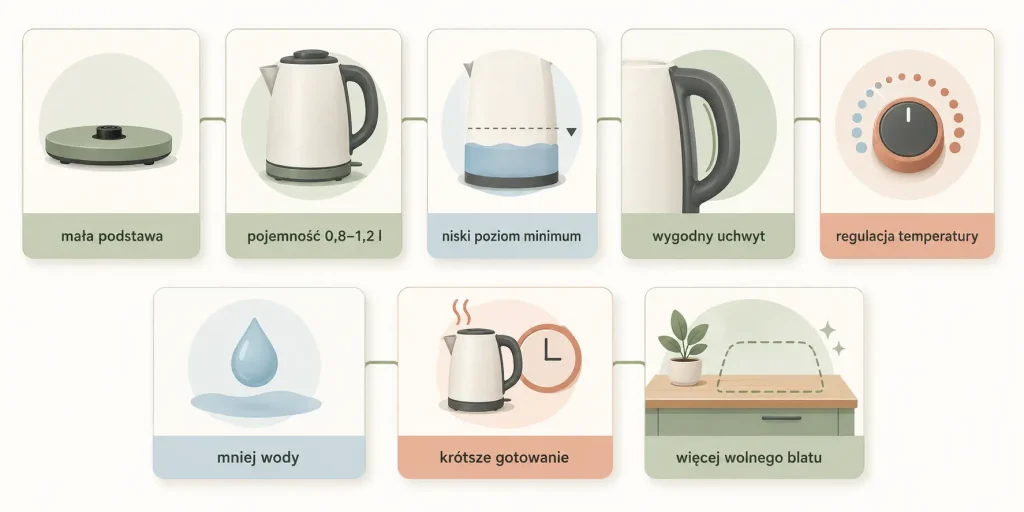 pojemność, smukła podstawa, minimalny poziom wody, regulacja temperatury i oszczędne gotowanie